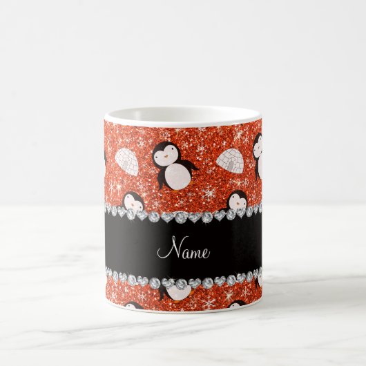 Personalisierter Name Orange Glitzer Pinguine Iglu Kaffeetasse (Mittel)
