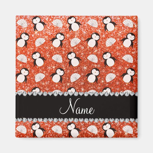 Personalisierter Name Orange Glitzer Pinguine Iglu Magnet (Vorne)