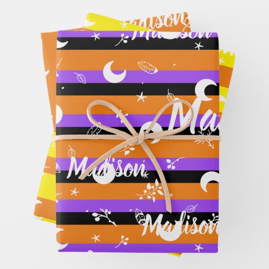 Personalisierter Name Orange Halloween Girl Whimsi Geschenkpapier Set (Beispiel)