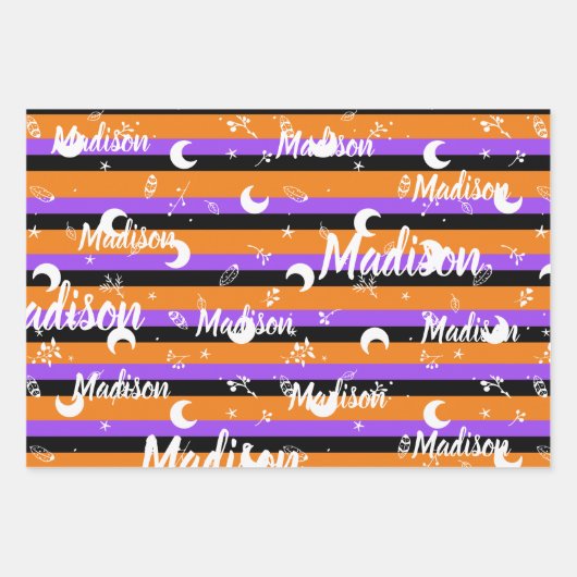 Personalisierter Name Orange Halloween Girl Whimsi Geschenkpapier Set (Vorderseite)