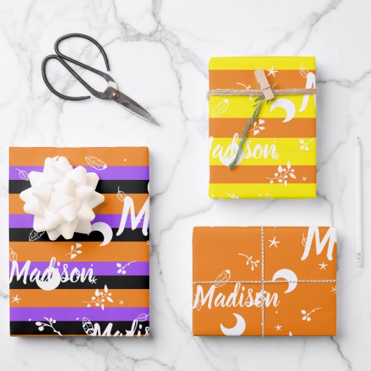 Personalisierter Name Orange Halloween Girl Whimsi Geschenkpapier Set (Vorderseite)