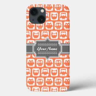 Personalisierter Name Orange und Grau Owl iPhone 13 Hülle