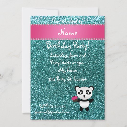 Personalisierter Name Panda cupcake türkis Glitzer Einladung (Vorderseite)