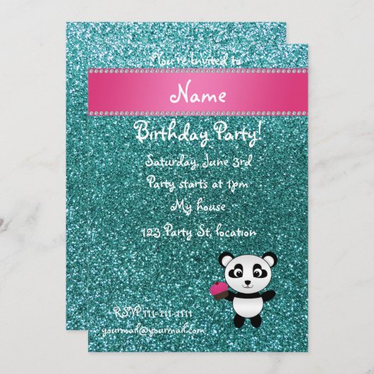 Personalisierter Name Panda cupcake türkis Glitzer Einladung (Vorne/Hinten)