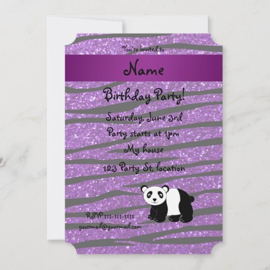 Personalisierter Name Panda lila Glitzer zebra Einladung (Vorderseite)