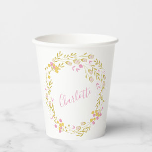 Personalisierter Name Party Rosa Gold Blumenkranz Pappbecher