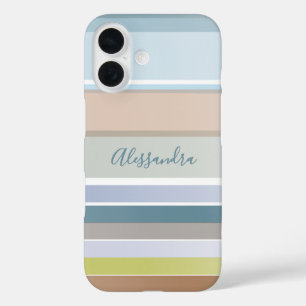Personalisierter Name Pastell Stripes Modernes Blu iPhone 16 Hülle
