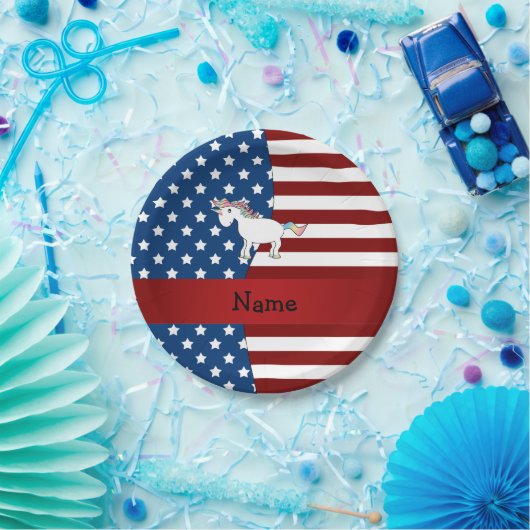 Personalisierter Name Patriotic unicorn Pappteller (Party)