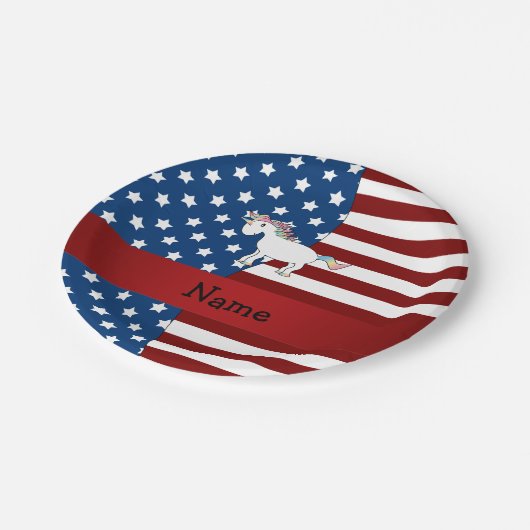 Personalisierter Name Patriotic unicorn Pappteller (Schrägansicht)