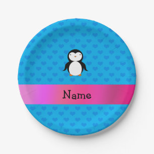Personalisierter Name Pinguin Blue Herz Pappteller