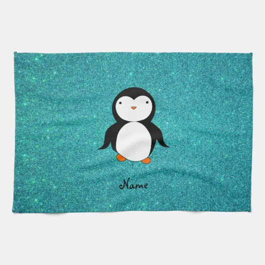 Personalisierter Name Pinguin Türkis Glitzer Handtuch (Horizontal)