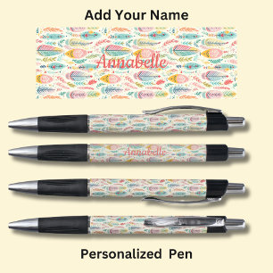 Personalisierter Name, Pink Aqua Boho Feathers Kugelschreiber