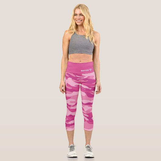 Personalisierter Name Pink Camouflage Muster Capri Leggings (Vorderseite)