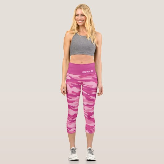 Personalisierter Name Pink Camouflage Muster Capri Leggings (Vorderseite)