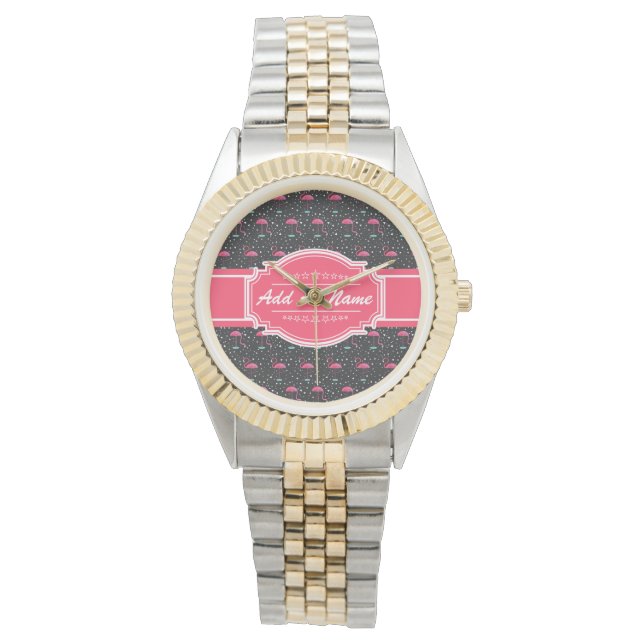 Personalisierter Name Pink Flamingo Muster Armbanduhr (Vorderseite)