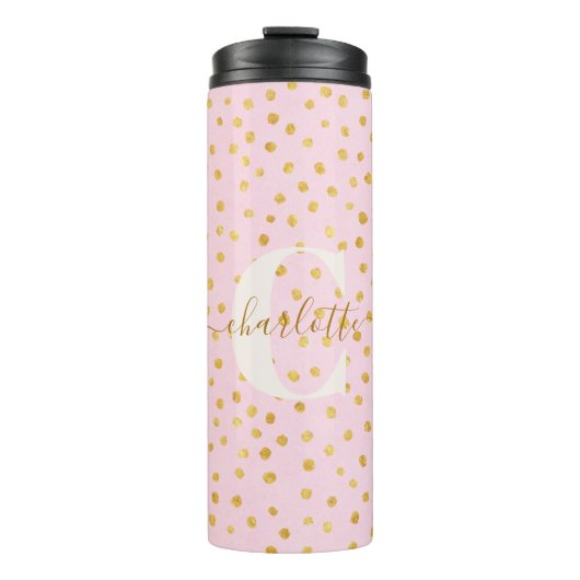 Personalisierter Name Pink Gold Confetti Polka Dot Thermosbecher (Vorderseite)