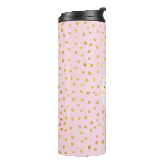 Personalisierter Name Pink Gold Confetti Polka Dot Thermosbecher (Nach links gedreht)