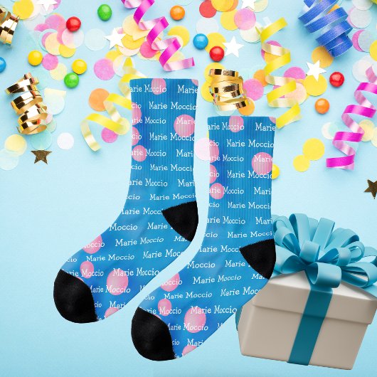 Personalisierter Name Pink Polka Dot Blubbles Blau Socken