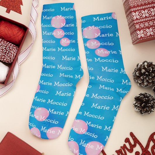 Personalisierter Name Pink Polka Dot Blubbles Blau Socken