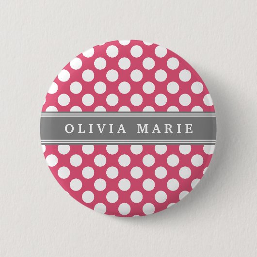 Personalisierter Name Pink Polka Dots Muster Button (Vorderseite)