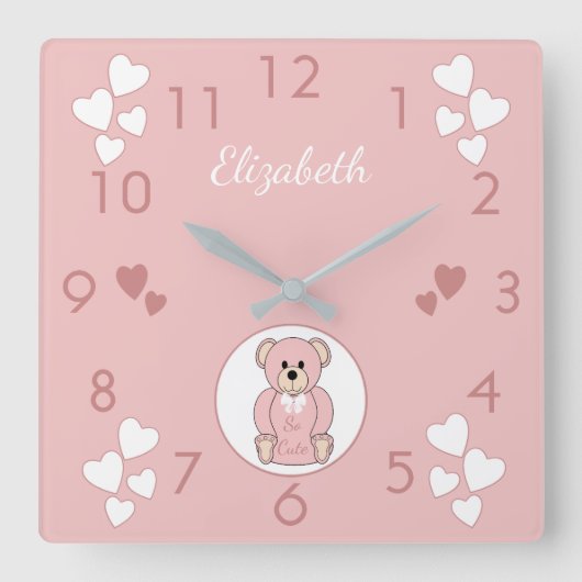 Personalisierter Name Pink Teddy Bear Baby Quadratische Wanduhr (Vorderseite)