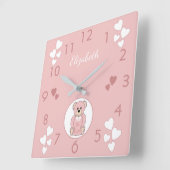 Personalisierter Name Pink Teddy Bear Baby Quadratische Wanduhr (Winkel)