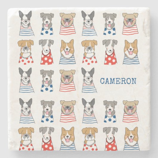 Personalisierter Name Playful Hunde Liebeskizze Steinuntersetzer (Vorderseite)