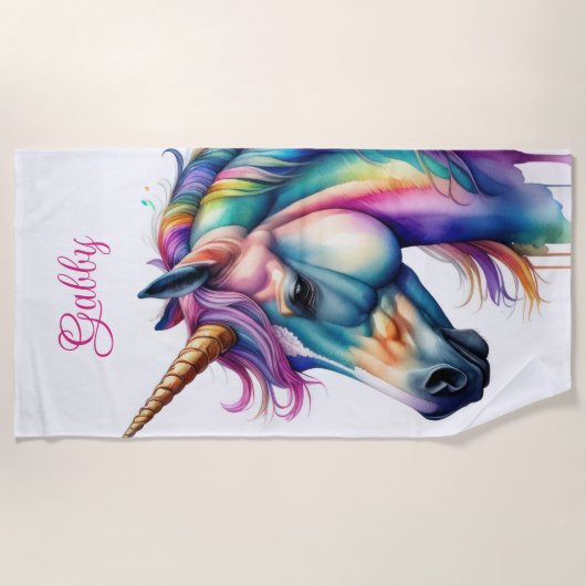 Personalisierter Name Rainbow Unicorn Strandtuch (Vorderseite)