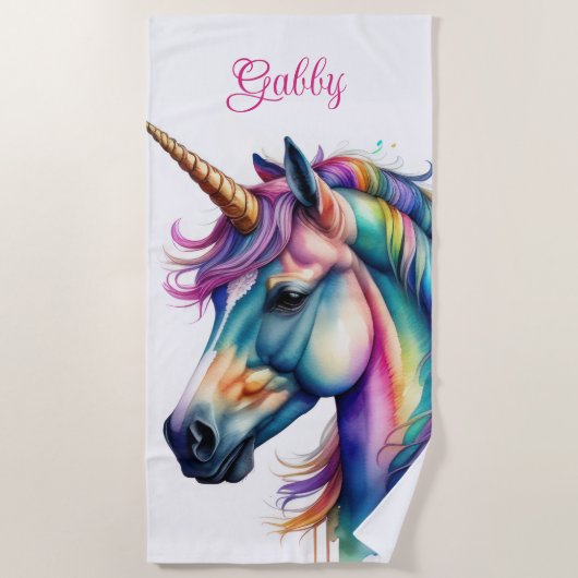 Personalisierter Name Rainbow Unicorn Strandtuch (Vorderseite)