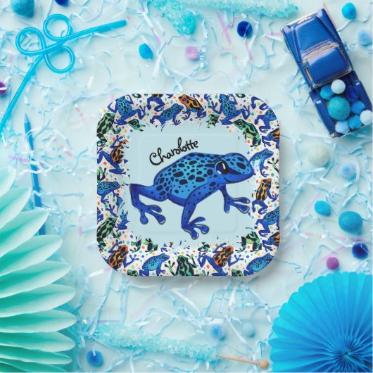 Personalisierter Name Rainforest Frogs Square Tell Pappteller (Party)