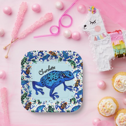 Personalisierter Name Rainforest Frogs Square Tell Pappteller (Party)