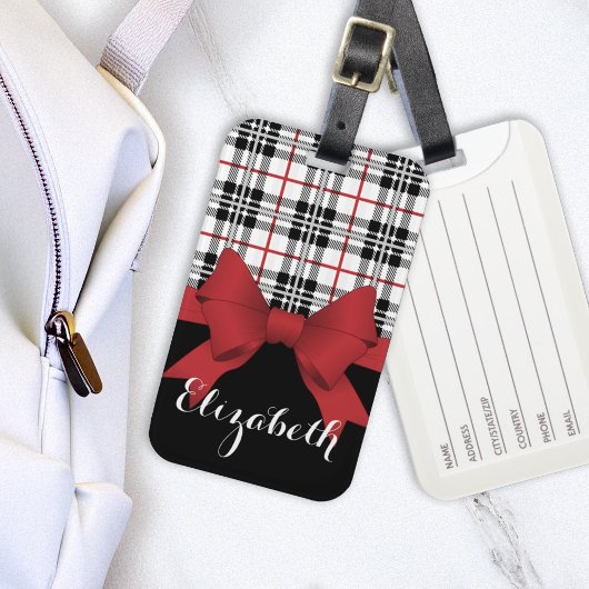 Personalisierter Name Red Ribbon und Tartan Karier Gepäckanhänger
