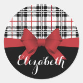 Personalisierter Name Red Ribbon und Tartan Karier Runder Aufkleber (Vorderseite)