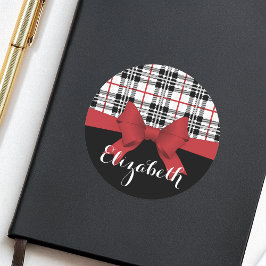 Personalisierter Name Red Ribbon und Tartan Karier Runder Aufkleber