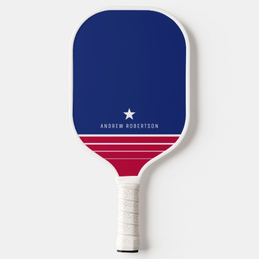 Personalisierter Name: Red White and Blue Strip St Pickleball Schläger (Rückseite)