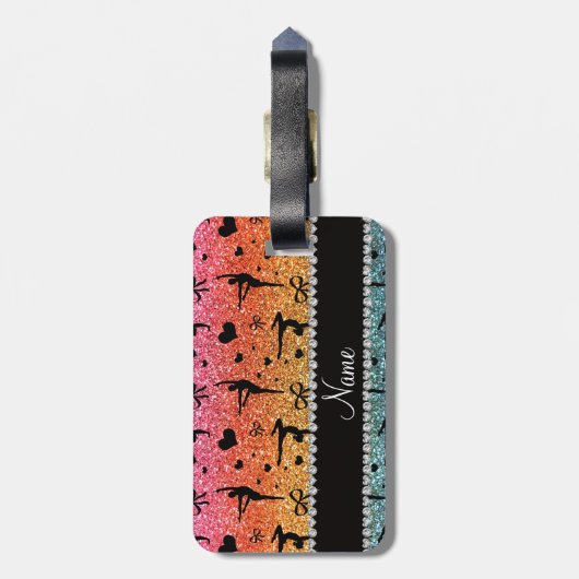 Personalisierter Name Regenbogen Glitzer Gymnastik Gepäckanhänger (Rückseite vertikal)