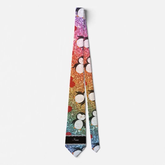 Personalisierter Name Regenbogen Glitzer Pinguine  Krawatte (Vorderseite)