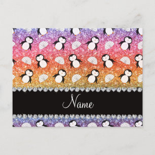 Personalisierter Name Regenbogen Glitzer Pinguine Postkarte