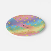 Personalisierter Name Regenbogengummimuster Pappteller (Schrägansicht)