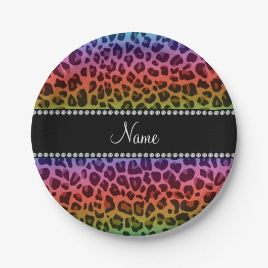 Personalisierter Name Regenbogenleoparden Pappteller (Vorderseite)