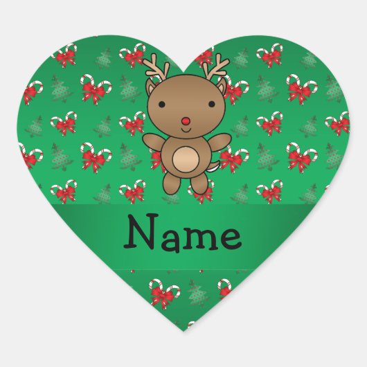 Personalisierter Name Rentiere grüne Bonbons Herz-Aufkleber (Vorderseite)