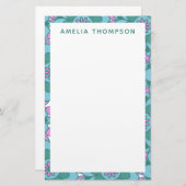Personalisierter Name Retro Lila grüne Blüte Briefpapier (Vorne/Hinten)