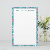 Personalisierter Name Retro Lila grüne Blüte Briefpapier (Stehend Vorderseite)