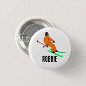 Personalisierter Name Retro Orange Skier Skifahren Button (Vorne & Hinten)