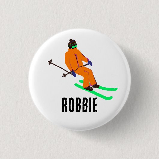 Personalisierter Name Retro Orange Skier Skifahren Button (Vorderseite)