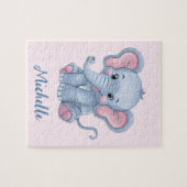 Personalisierter Name Rosa Blauer Elefant Mädchen Puzzle (Horizontal)