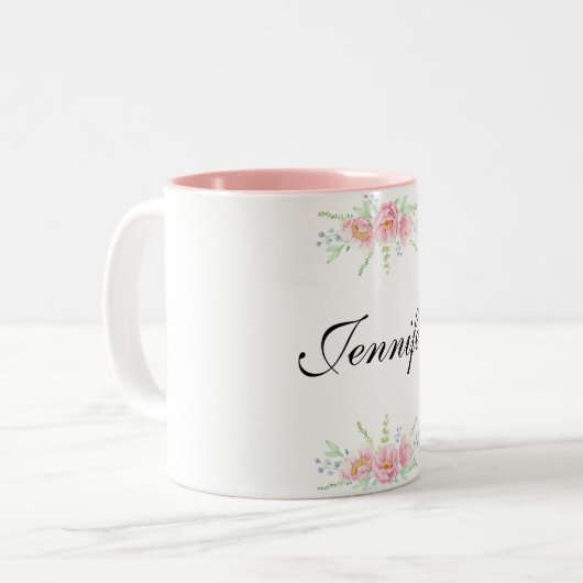 Personalisierter Name Rosa Blumenkaffee Zweifarbige Tasse (Vorderseite Links)