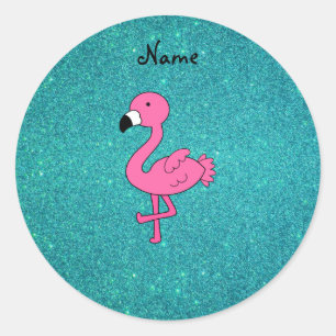 Personalisierter Name Rosa Flamingo Türkis Glitzer Runder Aufkleber