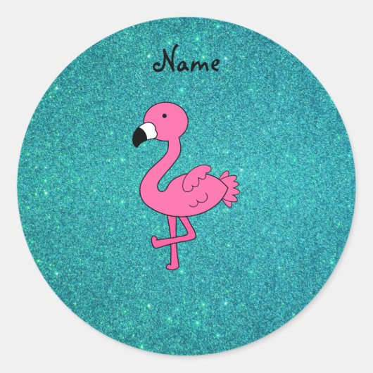 Personalisierter Name Rosa Flamingo Türkis Glitzer Runder Aufkleber (Vorderseite)