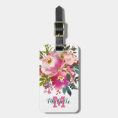 Personalisierter Name | Rosa florale Monogramm Gepäckanhänger (Vorderseite vertikal)
